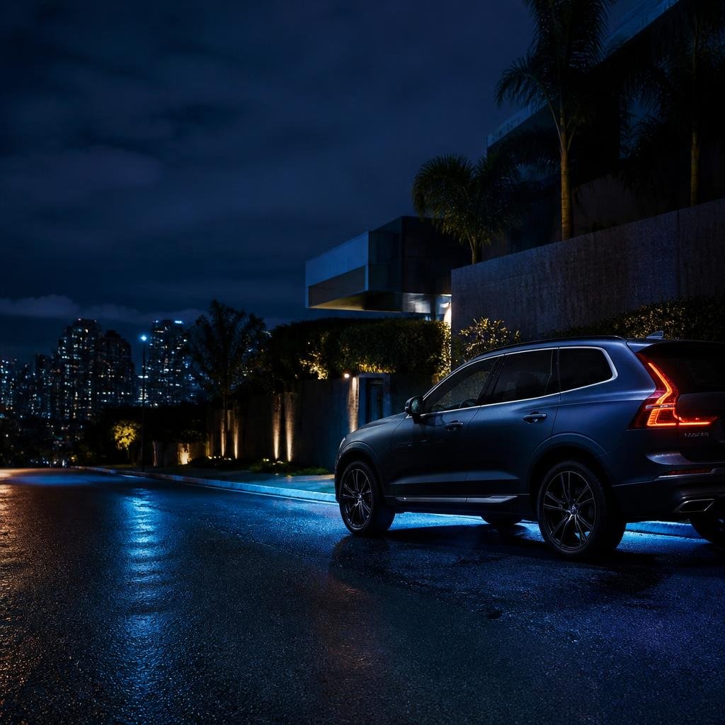 Carro protegido pela RR Tracker em uma rua ao anoitecer